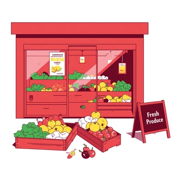 A red grocery store storefront features large glass windows showcasing an inviting display of fresh fruits and vegetables. In front of the store, there are neatly arranged wooden crates overflowing with vibrant fruits, including oranges, apples, and bananas. Bright green leafy vegetables are displayed alongside ripe tomatoes and shiny bell peppers. A chalkboard sign stands next to the display, with the words "Fresh Produce" written in white. The entrance is framed by colorful banners promoting seasonal offers.