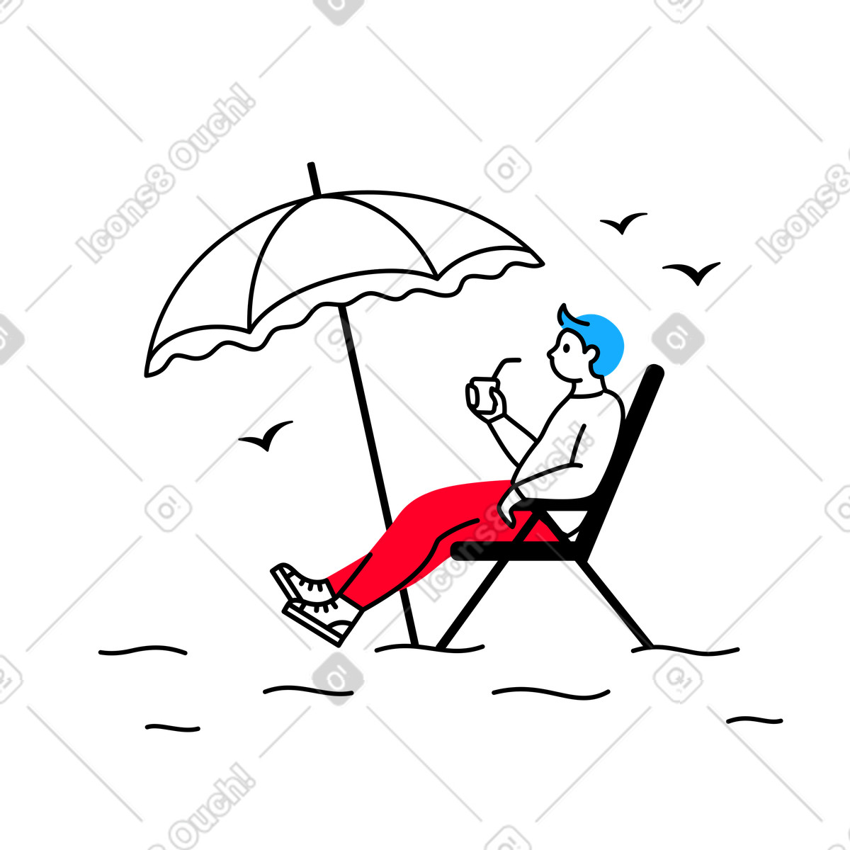 Mann entspannt am strand unter einem regenschirm-Illustration im Transistor-Stil als Download in PNG, SVG