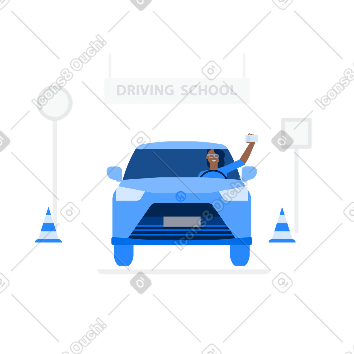 Happy girl driving car shows her license against the background of school sign illustration in Urban style download in PNG, SVG