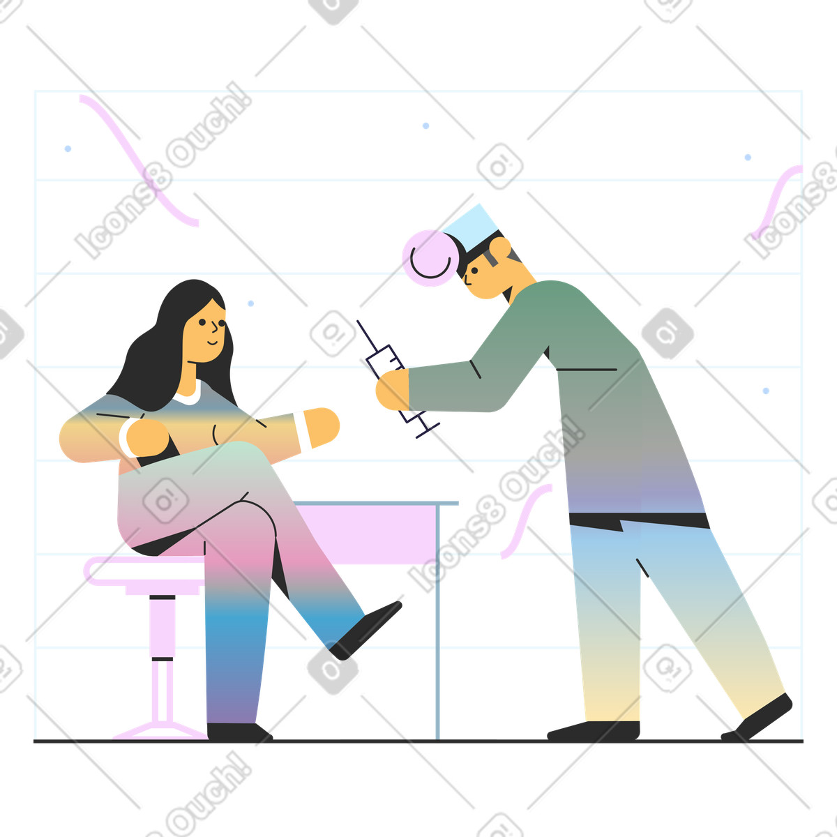 Doctor vaccinating a smiling woman illustration in Marginalia style download in PNG, SVG