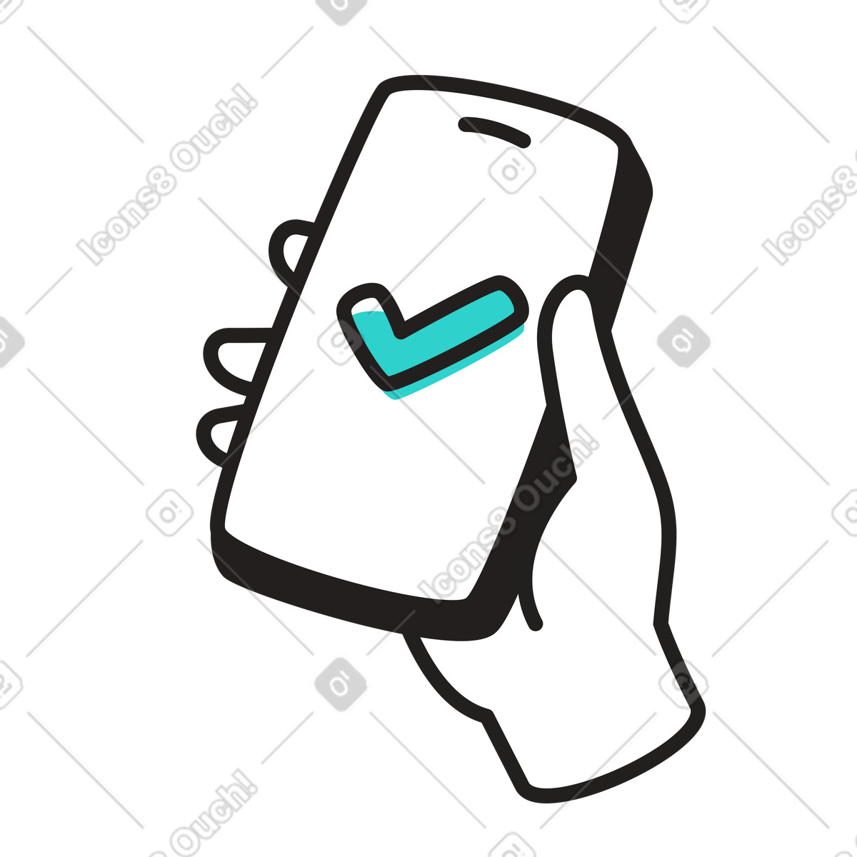 Ilustración Mano sosteniendo un teléfono móvil con una marca de verificación en estilo Little a descargar en PNG y SVG