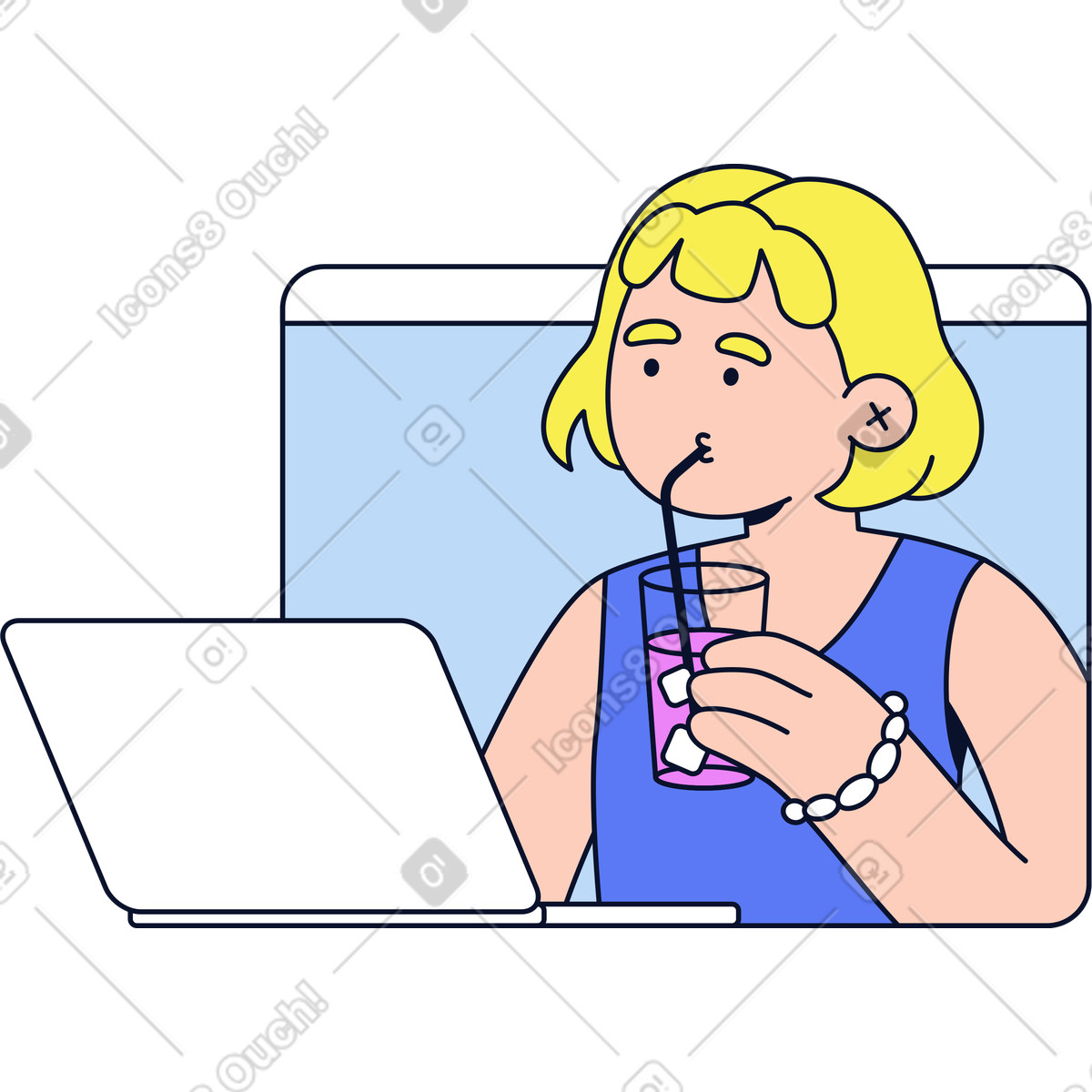 Donna che beve succo e guarda nel computer portatile illustrazione in stile Flexy scarica in PNG, SVG
