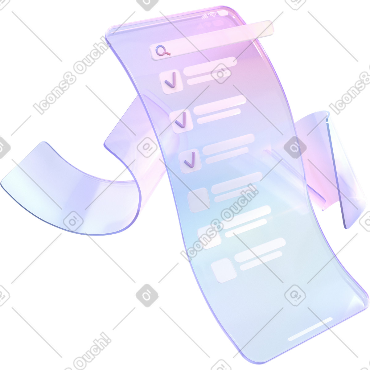 Flexible smartphone interface with checklist illustration in 3D Glassy style download in PNG, SVG