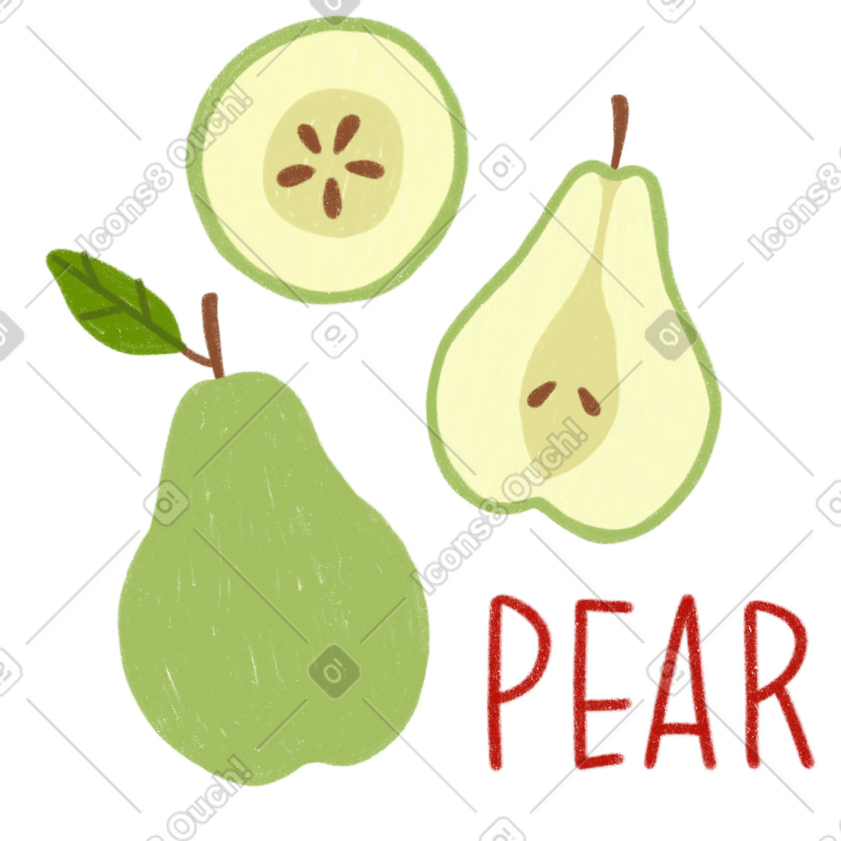 Illustration Pear, half of a pear slice and lettering dans le style Cozy à télécharger aux formats PNG, SVG