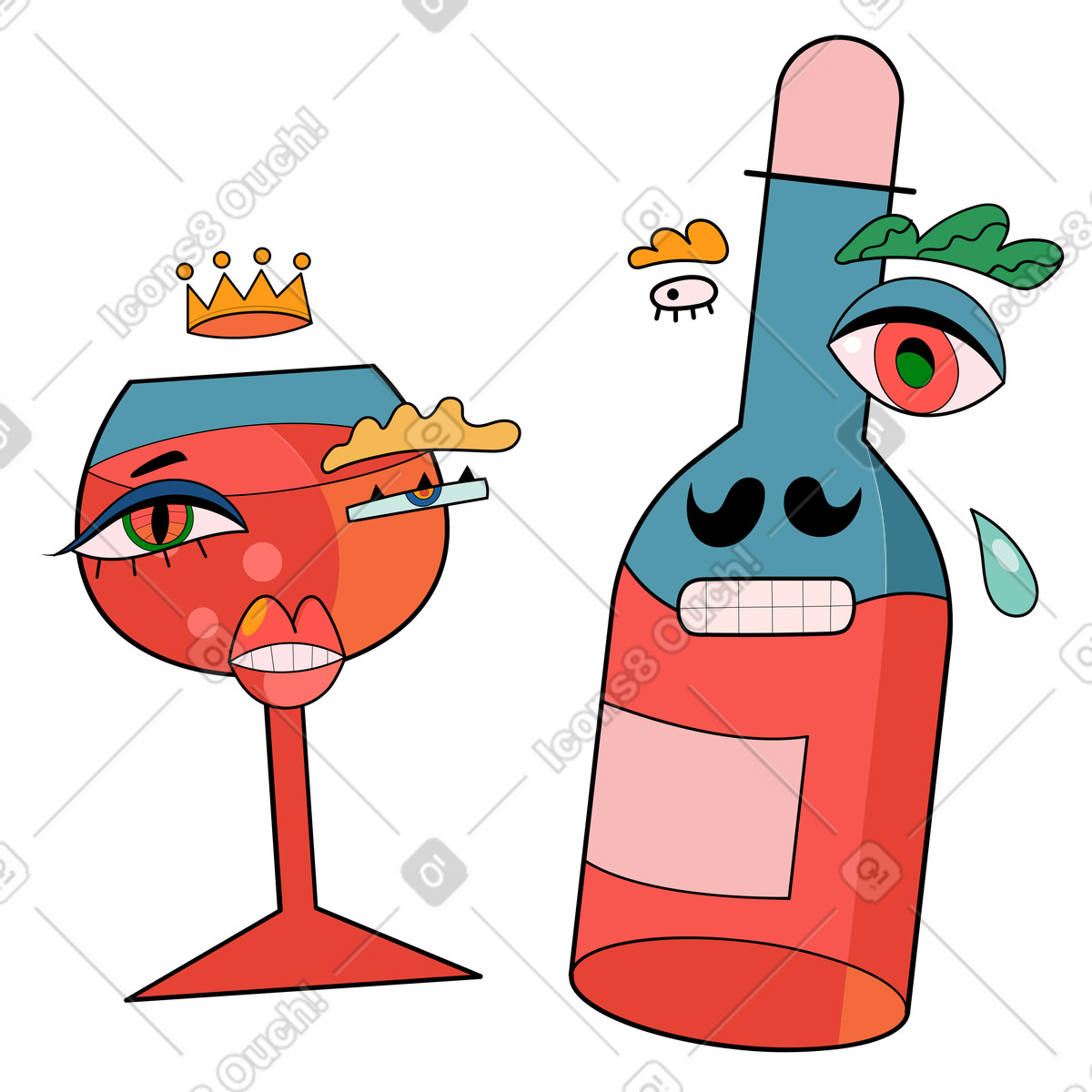 Ilustración Botella y copa de vino premium en estilo Surr a descargar en PNG SVG
