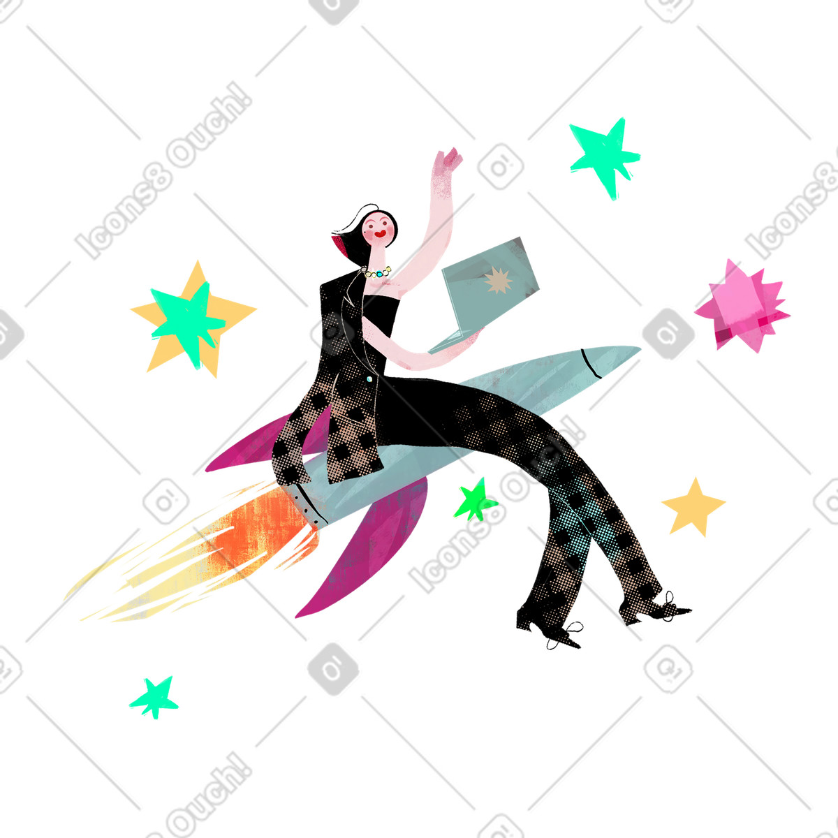 Ilustração de Girl on a rocket with laptop em no estilo Fabulous para baixar em PNG, SVG