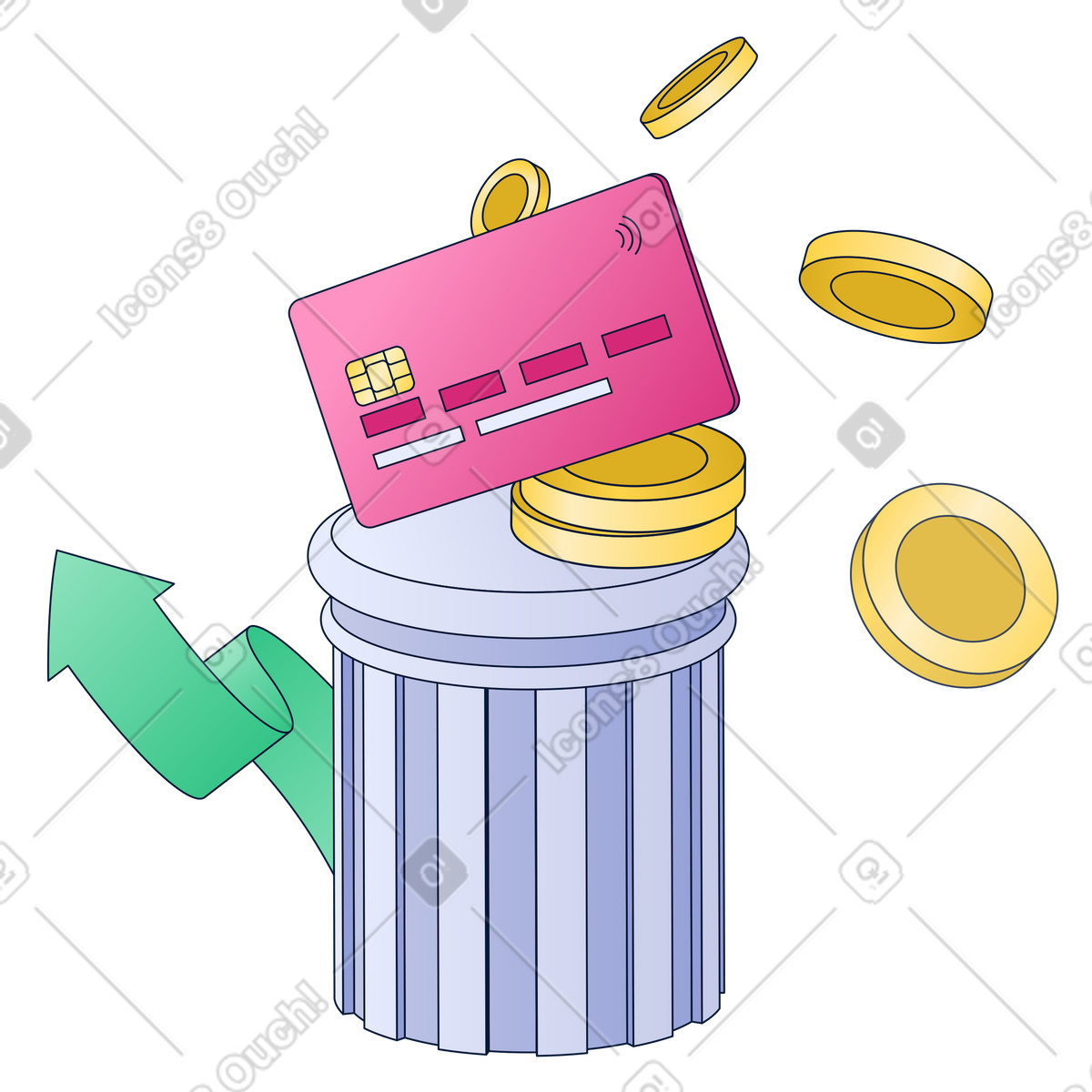 Bank card and coins on column illustration in PNG, SVG