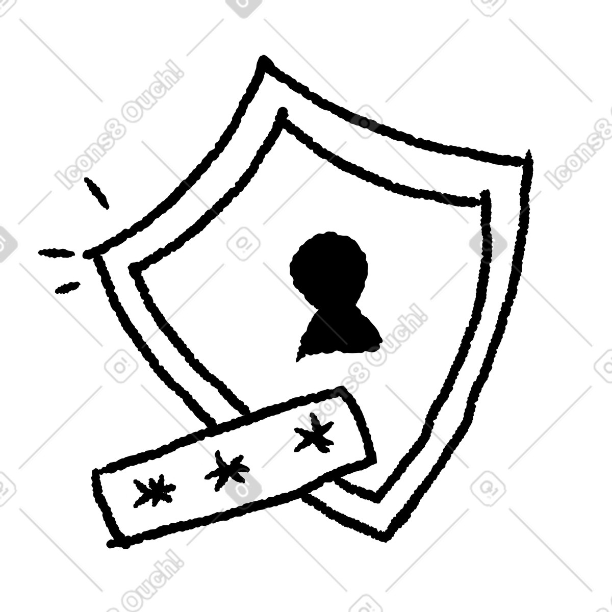 Security shield protecting user profile with password asterisk bar overlay-Illustration im Black Chalk-Stil als Download in PNG, SVG