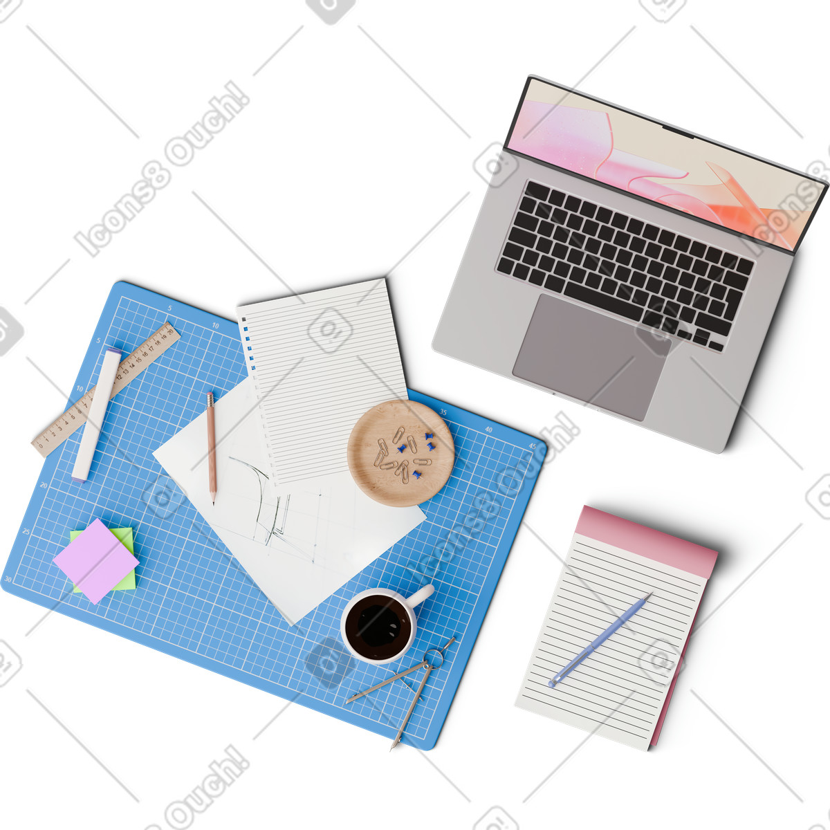 Top view of desk with sketch, notes, and papers illustration in 3D Hygge style download in PNG, SVG