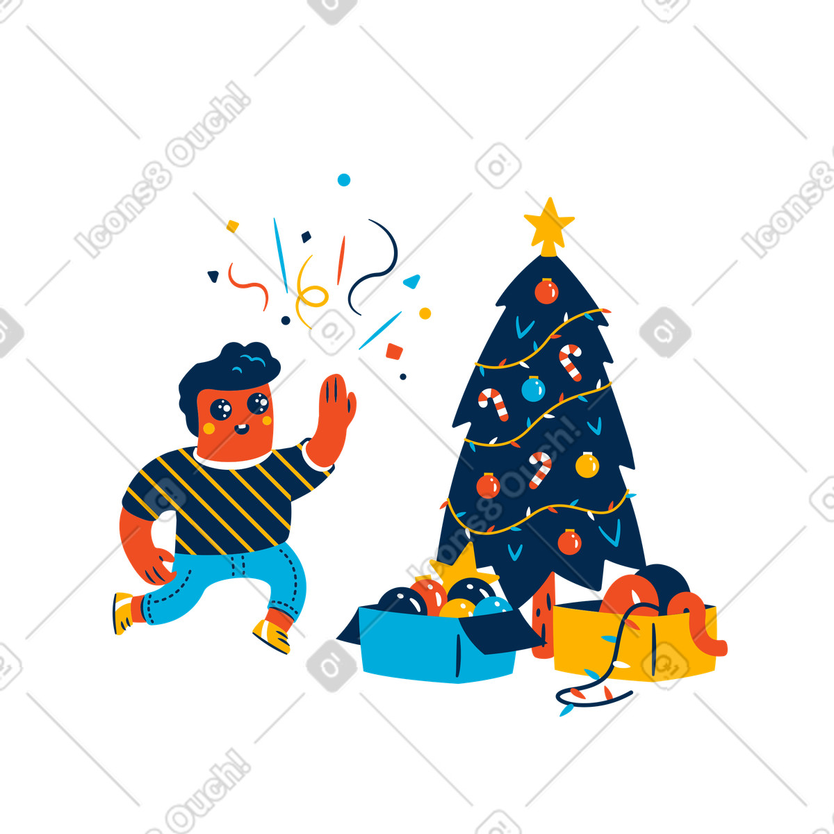 Flame 스타일의 Person decorating christmas tree with ornaments, winter holiday preparation at home 일러스트레이션 PNG, SVG 다운로드