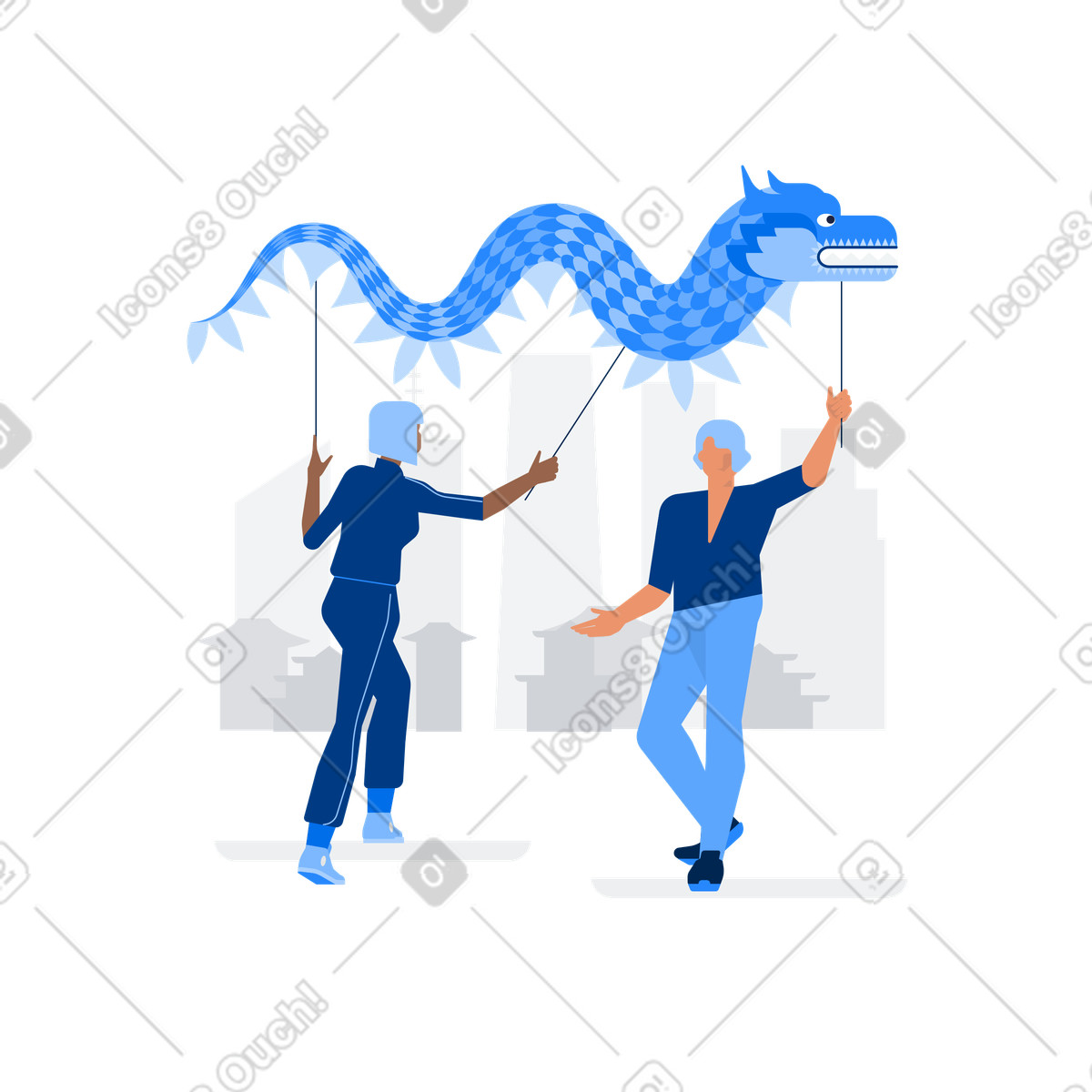 Performers holding dragon puppet in city, Lunar festival and cultural event illustration Urban style download PNG, SVG
