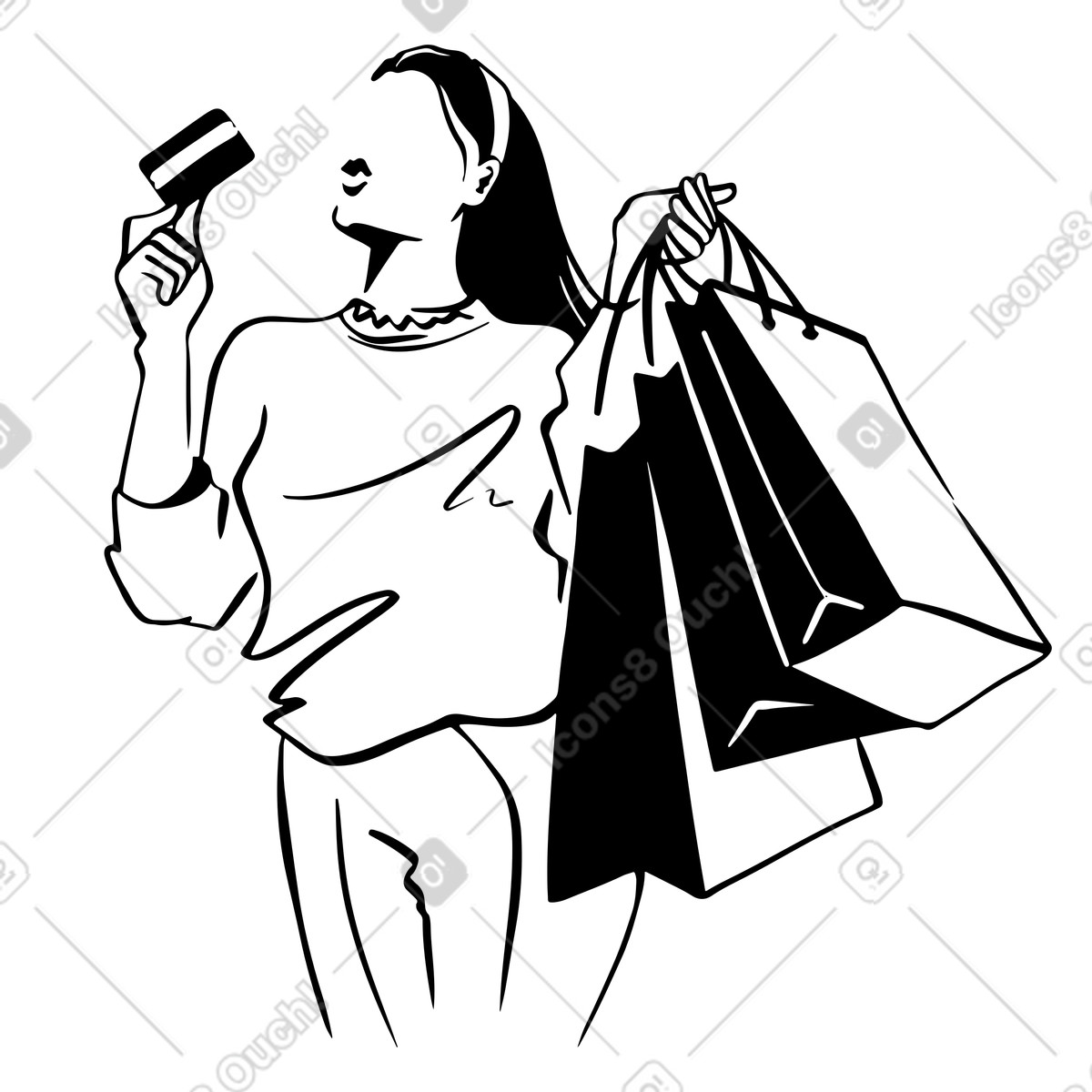 Woman with bank card and shopping bags illustration in Line style download in PNG, SVG