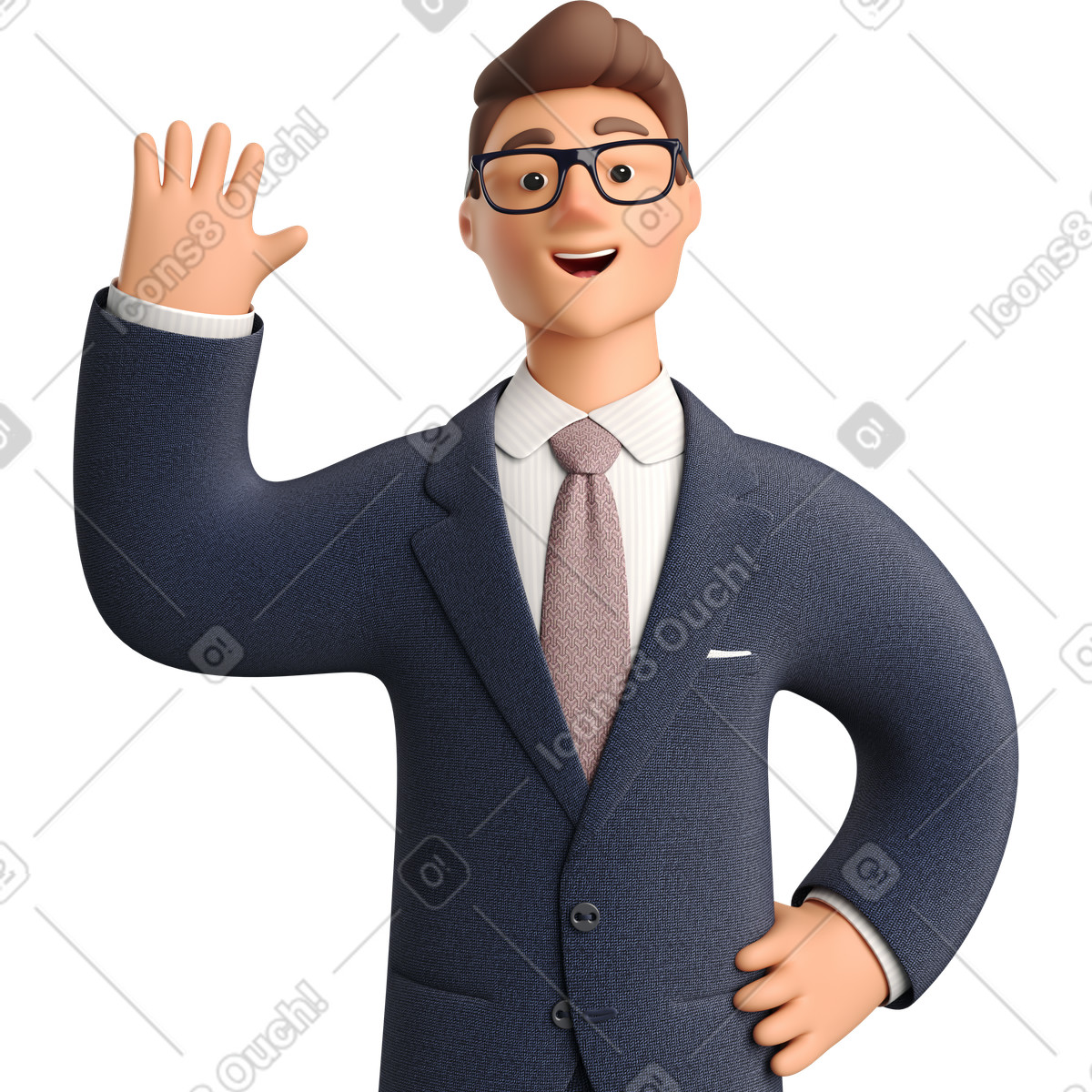 Ilustração de Businessman in dark blue suit waving hello em no estilo 3D Business para baixar em PNG, SVG