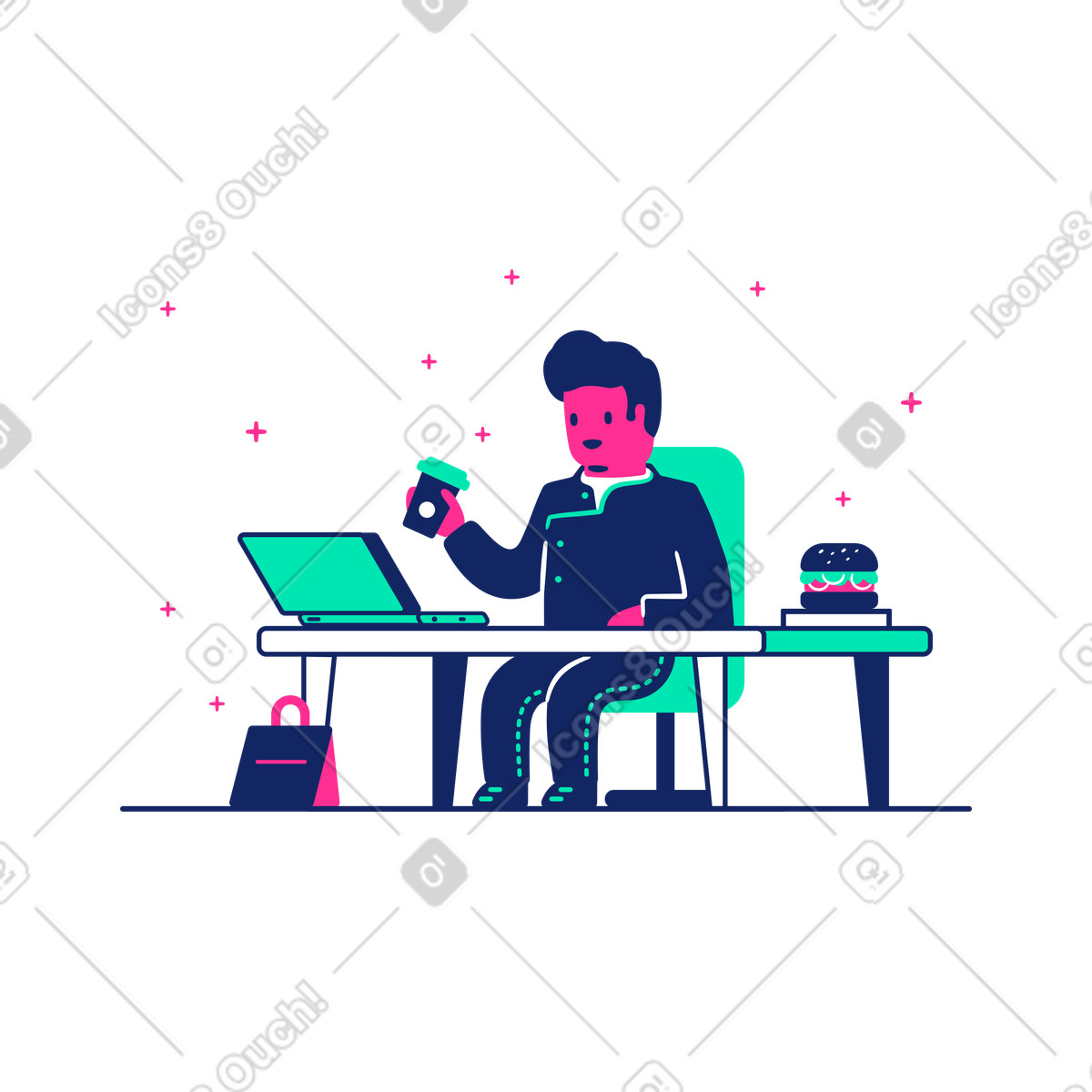 Consegna pranzo fast food al lavoro illustrazione in stile Cyborg scarica in PNG, SVG