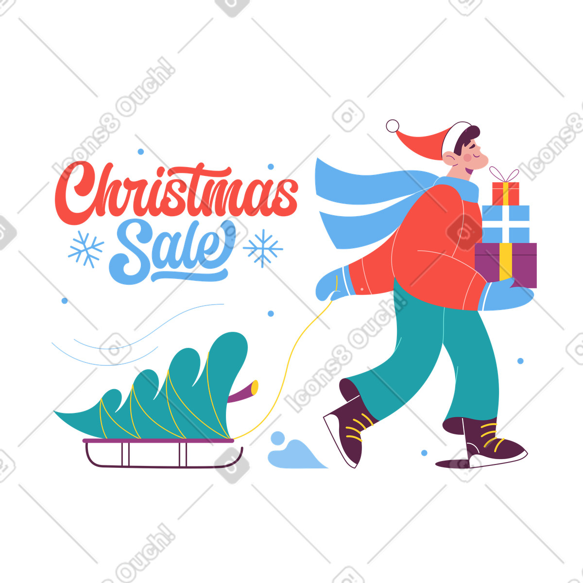 Sammy 스타일의 Winter shopper carrying presents and tree, Christmas sale promotion 애니메이션 일러스트레이션 GIF, Lottie(JSON), AE로 다운로드