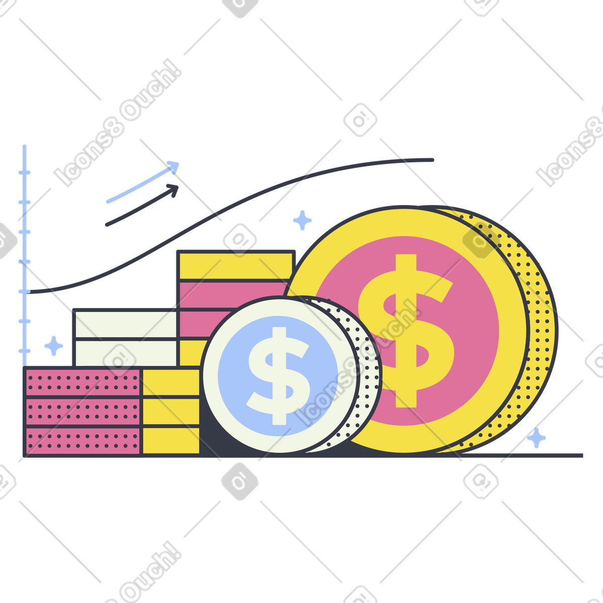 Stacked coins and upward line chart, Profit increase and Financial growth illustration in Abstract style download in PNG, SVG