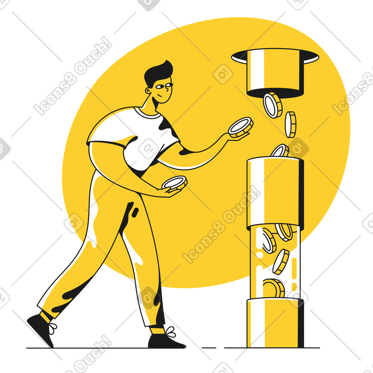 下载 Taxi 风格的 手里有钱的人在管道中的资金流中添加硬币 插画，支持 PNG、SVG 格式