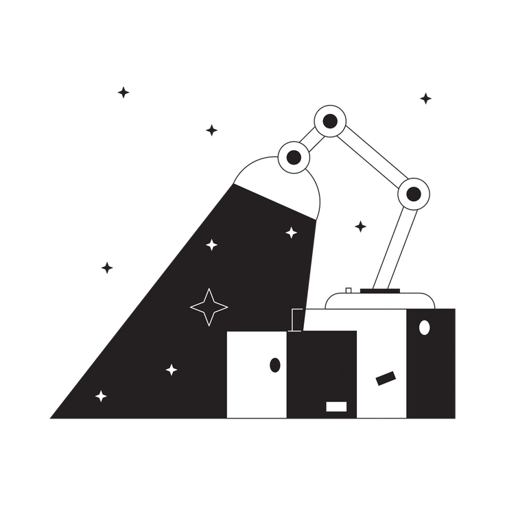A robotic arm illuminating geometric shapes - Tokyo style illustration