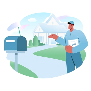 A postman in a blue uniform is standing next to a suburban mailbox. He is holding a stack of envelopes, some of which are labeled "Bills." The mailbox is made of metal with a flag raised, indicating that it is ready to receive mail. In the background, there are several neatly trimmed hedges and a well-maintained lawn. A house with a welcoming front porch is visible, set against a clear sky. The scene is bathed in gradient pastel colors, creating a harmonious atmosphere.