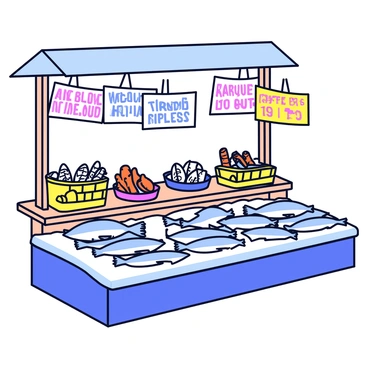 A bustling fish market stall showcasing fresh herring arranged neatly on a bed of ice. The herring exhibits a shiny, silvery skin, reflecting light. Surrounding the fish are various colorful signs with bold lettering displaying prices and types of fish available. The stall is made of wood, with a simple roof overhead. Behind the counter, there are baskets filled with additional seafood and garnishes, adding to the lively atmosphere of the market.