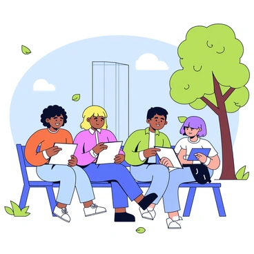 A group of four urban sketchers is sitting on a park bench, each focused on their sketchbooks. Two of them are exchanging tips, pointing at the drawings in their books. The third sketcher is capturing a tall building in the distance, while the fourth is drawing a nearby tree with vibrant green leaves. They are surrounded by a light breeze and a few scattered leaves on the ground. In the background, there is a clear blue sky and a few fluffy clouds.