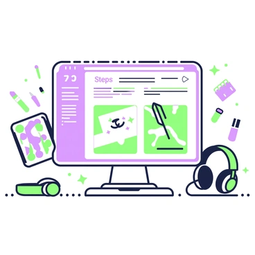 A digital tutorial is displayed on a computer screen. The screen shows a detailed step-by-step guide for creating editorial art. On the left side, there is a series of numbered steps, each with a brief description. A graphic tablet sits next to the computer, with a stylus resting on it. In the background, a collection of colorful brushes and an assortment of digital artwork in various stages of completion is visible. A pair of headphones lies on the desk, suggesting an immersive learning experience. The overall setup is neat and organized, emphasizing a workspace dedicated to creativity.