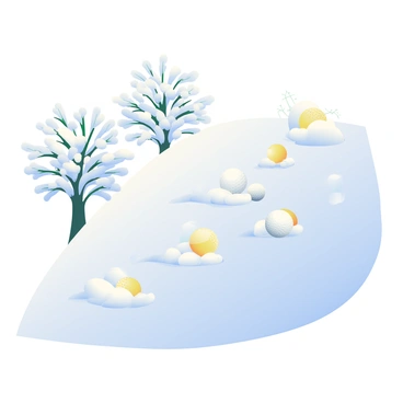 A cascade of white golf balls is tumbling down a snowy slope. The slope is covered in fresh, powdery snow, glistening in the light. As the golf balls roll and bounce, they leave small trails in the snow behind them. In the background, there are snow-covered trees with branches heavy with snow. The scene conveys a sense of motion as the golf balls continue their descent down the slope, some gathering speed while others are momentarily caught in small drifts of snow.