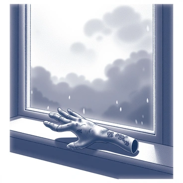 A decayed zombie hand rests on a weathered window sill. The fingers of the hand are partially curled, exhibiting a lifeless quality with patches of decomposed skin. Outside the window, a stormy sky looms, filled with swirling clouds that create a sense of turmoil. The light filtering through the glass casts shadows on the hand, emphasizing its eerie presence. Raindrops cling to the window pane, adding a sense of depth and atmosphere to the scene.