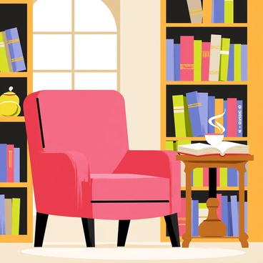 A "love chair" with plush red cushions is tucked into a cozy corner of an "old library." The chair features ornate wooden arms and legs, showing signs of wear. Surrounding the chair are "towering bookshelves" filled with an array of colorful books, some with gilded titles on their spines. A soft, warm light filters through a nearby window, casting gentle shadows across the floor. An antique wooden side table beside the chair holds a steaming cup of tea and an open book, inviting the viewer to sit and read.