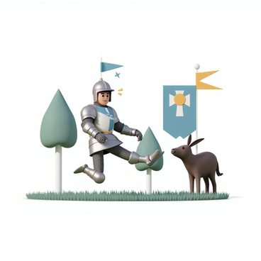 A medieval knight, wearing shiny, detailed plate armor with a blue and gold crest on the chest plate. He is positioned in a grassy clearing, attempting to perform a donkey kick. His helmet is slightly askew, and he has a playful expression visible through the visor. The knight's legs are raised awkwardly as he struggles to balance, and his chainmail under the armor glimmers in the sunlight. Nearby, a confused donkey watches with its ears perked up, adding a humorous element to the scene. The background features a few trees and medieval-style banners fluttering in the breeze.