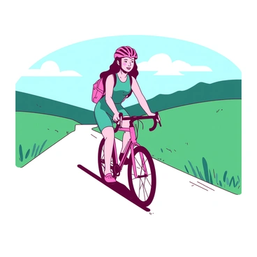A woman with long brown hair is cycling on a white country road. She is wearing a pink helmet and a teal cycling outfit. The road is flanked by lush green grass on both sides, and there are gentle rolling hills in the background. The sky is clear with soft clouds, creating a peaceful atmosphere. The woman has a focused expression as she pedals, with a small backpack secured on her bike's rear.
