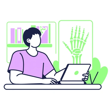 A person is sitting at a desk while using a transparent tablet. The tablet displays a detailed view of a hand, highlighting the skeletal structure. The hand is positioned above the tablet, allowing the viewer to see the bones clearly outlined. The person has a focused expression, with short hair and wearing a casual shirt. The background features a softly lit room with a few books on a shelf and a plant in the corner.