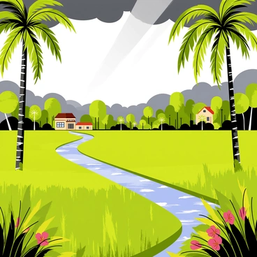 A lush landscape in Kerala after heavy monsoon rains. There are vibrant green rice fields stretching across the scene, with droplets of water glistening on the leaves. Tall coconut trees sway gently in the background, their fronds lush and green. Dark, dramatic clouds loom overhead, with occasional rays of sunlight breaking through. A narrow, winding river reflects the surrounding greenery, and small patches of colorful flowers add pops of color to the landscape. In the distance, traditional Kerala houses with sloping roofs can be seen nestled among the trees.