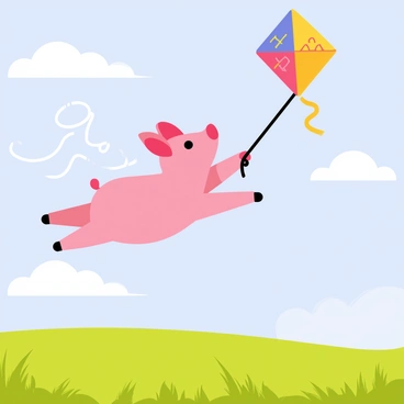 A pink pig with large floppy ears is soaring through the sky, happily gripping a bright, colorful kite. The kite is adorned with vibrant patterns of red, blue, and yellow, fluttering against the backdrop of a clear blue sky. Below, a vast open field stretches out, filled with lush green grass swaying in the breeze. Wispy white clouds drift lazily overhead as the wind picks up, creating a playful atmosphere around the scene.