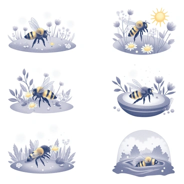 An illustration depicting a bumblebee in different seasonal environments. The first section shows a bumblebee in a spring landscape, surrounded by blooming flowers and fresh green foliage. The second section represents the summer, where the bumblebee is seen gathering nectar from colorful blossoms under a bright sun, with a vibrant garden in the background. The third section illustrates autumn, featuring the bumblebee among fallen leaves, with a few remaining flowers and a cloudy sky. The final section showcases winter, where the bumblebee is resting in a cozy nest, surrounded by snowflakes and a barren landscape outside. Each segment highlights the bumblebee's interactions with its environment during the respective seasons.