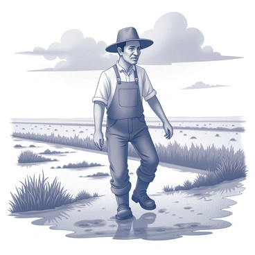 A farmer with a weathered face is walking through a muddy field, their boots splattered with mud. The farmer is dressed in a simple, rugged outfit, including a wide-brimmed hat to shield themselves from the elements. Overhead, dark rain clouds loom in the sky, creating a dense atmosphere. The ground is soft and wet, with puddles forming in various spots, while patches of grass and crops struggle to thrive amid the muck.