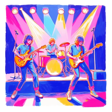 A promotional poster features a bold rock band performing on stage. The band members are positioned dramatically; one is playing an electric guitar with a fiery expression. Bright stage lights illuminate the scene, casting vibrant colors across the performers. The background includes silhouettes of electric guitars, emphasizing the energetic atmosphere of the concert. The band's name is displayed prominently in a striking font at the top of the poster.