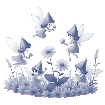 A group of small fairies, each adorned with "strawberry hats," are engaged in playful activities in a lush garden. The fairies have delicate wings that shimmer softly as they flutter around. They are gathered around vibrant flowers, with some sitting on the petals while others dance in the air. The garden is filled with various plants and leaves, creating a lively and enchanting environment for their playful interactions. One fairy holds a tiny flower, while another is perched on a large leaf, looking curiously at a nearby insect. Their expressions show joy and wonder as they explore their surroundings.