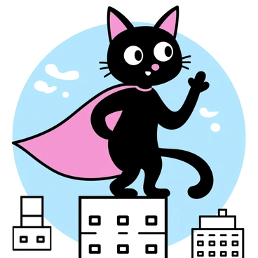 A cat with a sleek black coat, wearing a bright red superhero cape, is striking a confident pose atop a tall city building. The cat's ears are perked up and its eyes are wide open, showcasing a sense of determination. The skyline of the city is visible in the background, with various buildings and a clear blue sky. The cat's paw is raised, giving a playful impression of readiness to leap into action.