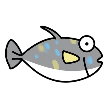 A sunfish with a flat, oval-shaped body, displaying its unique features prominently. Its large, round eyes are set high on the head, giving it an inquisitive expression. The textured skin has a mottled pattern in shades of grey and blue, with hints of yellow. The mouth is small and located at the front, partially open as if mid-breath. The dorsal and anal fins are extended, showcasing their long, triangular shapes. The background is minimal, emphasizing the sunfish's distinctive face and features.