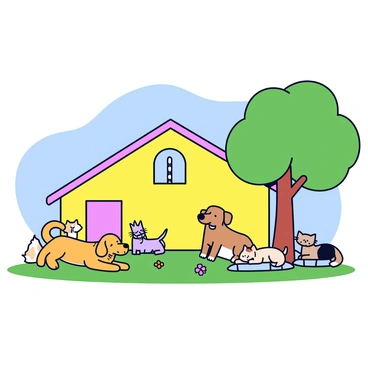 A bright animal shelter building with a welcoming entrance. On one side of the shelter, several dogs and cats are basking in the sunshine, with a golden retriever lying on the grass and a playful kitten chasing a butterfly. On the opposite side, a few animals are resting in the shade, including a sleepy beagle curled up next to a large tree and a tabby cat lounging on a cool stone surface. The scene captures a clear blue sky above, with vibrant green grass surrounding the shelter.