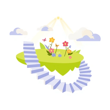 A dream world where clouds form staircases leading up to a floating island
