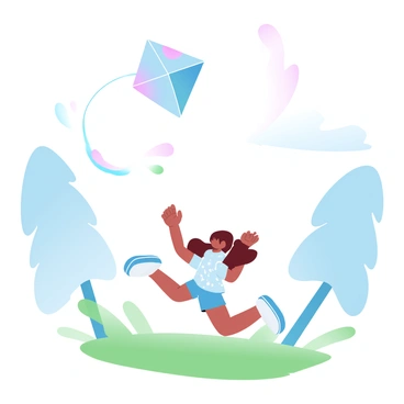 A child is running across an open field, holding a colorful kite soaring high in the sky. The kite has vibrant patterns, creating a contrast against the light blue atmosphere. The child is wearing a bright, patterned t-shirt and shorts, with their hair flowing in the wind. Green grass surrounds the child as tall trees sway gently in the background, indicating a breezy day. The scene captures a sense of joy and movement, with the kite dancing in the air above.