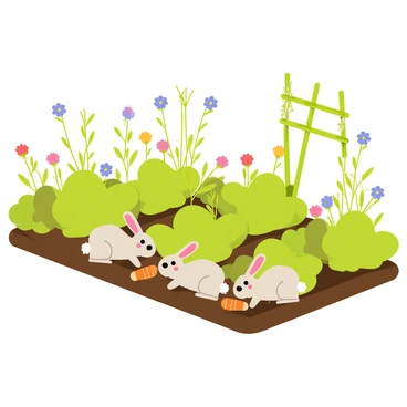 A potager garden scene with rich, green plants arranged neatly in rows. Several friendly rabbits with fluffy tails are nibbling on bright orange carrots peeking out from the soil. The rabbits have soft fur in shades of gray and brown, and each has large, expressive eyes. Colorful flowers are blooming throughout the garden, adding pops of color, while a wooden trellis supports climbing plants in the background. A gentle breeze rustles the leaves, creating a lively atmosphere in the garden.