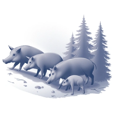 A family of wild boars is foraging along the edge of a forest as dusk approaches. The group consists of several boars of varying sizes, with the adult boars appearing robust and the younger ones smaller and more playful. They are sniffing around the underbrush, looking for food. The trees in the background are tall and dense, their silhouettes becoming more pronounced as the light fades. The ground is covered with fallen leaves and twigs, creating a textured surface under their hooves. Shadows stretch across the scene as the last rays of light illuminate the forest edge.