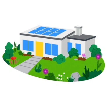 A modern house with large, sleek windows and a flat roof is prominently featured. Solar panels are installed on the roof, glistening in the sunlight. In front of the house, a vibrant garden is filled with various native plants, showcasing a range of colors and textures. The garden includes flowering shrubs, grasses, and small trees, creating a lush, inviting atmosphere. A stone pathway winds through the garden, leading to the entrance of the house. The scene is bright and well-lit, highlighting the integration of nature and sustainable living.