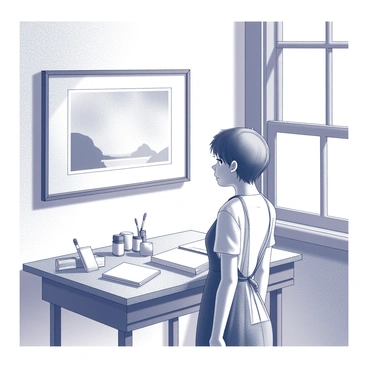 An artist looking dismayed at a crooked picture frame on the wall.