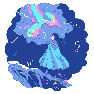 A magical explorer stands on a rocky cliff, gazing upward in awe. The explorer is wearing a vibrant blue cloak that billows in the wind, contrasting against the darkened sky above. In the background, a storm brews with swirling clouds in various shades of gray. Brilliant "rainbow-colored lightning" arcs across the sky, illuminating the scene with a breathtaking display of colors. The explorer's hair flutters wildly, and their eyes reflect the kaleidoscope of light above. In the foreground, a rugged terrain dotted with small, colorful flowers adds depth to the image.