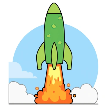 A rocket ship designed to resemble a broccoli stalk, with a vibrant green exterior and detailed textures mimicking the florets of the vegetable. The rocket is sleek and elongated, positioned on a launch pad with flames and smoke billowing from its base as it prepares for liftoff. The scene captures the moment of launch, with bright orange and yellow flames erupting underneath, contrasting against the clear blue sky. In the background, fluffy white clouds drift by, adding to the dynamic atmosphere of the launch. The rocket's tip is shaped like a rounded top of a broccoli, enhancing its unique design.