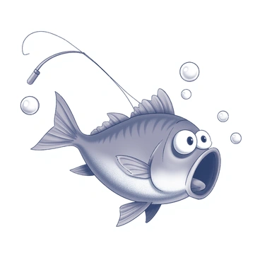 A cartoonish fish with exaggerated features and a wide, surprised expression is caught on a fishing hook. The fish has large, round eyes and an open mouth, emphasizing its astonishment. Surrounding the fish are several bubbles of varying sizes, floating upward in the water. The hook is firmly embedded in the fish's mouth, and the scene conveys a moment of unexpected capture. The overall composition highlights the playful nature of the fish’s expression and the surrounding bubbles.